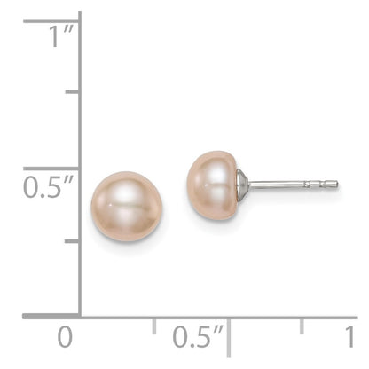 Sterling Silver Rhodium-plated 6-7mm Pink Button Freshwater Cultured Pearl Post Earrings