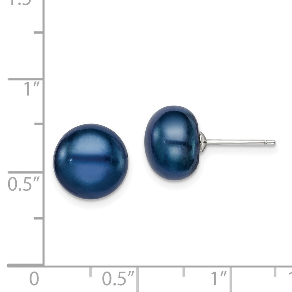 Sterling Silver Rhodium-plated 10-11mm Black Button Freshwater Cultured Pearl Post Earrings