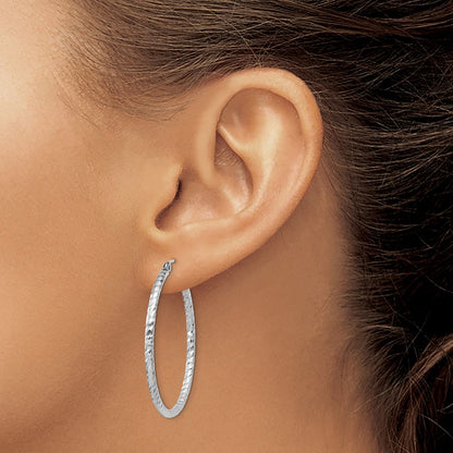 Sterling Silver Rhodium Plated Diamond-cut 2x35mm Hoop Earrings