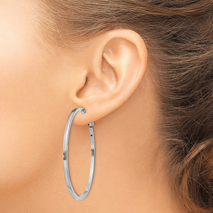 Sterling Silver RH-plated 2x50mm Omega Back Round Hoop Earrings