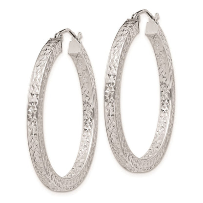 Sterling Silver Rhodium-plated Diamond-cut 3x35mm Square Tube Hoop Earrings