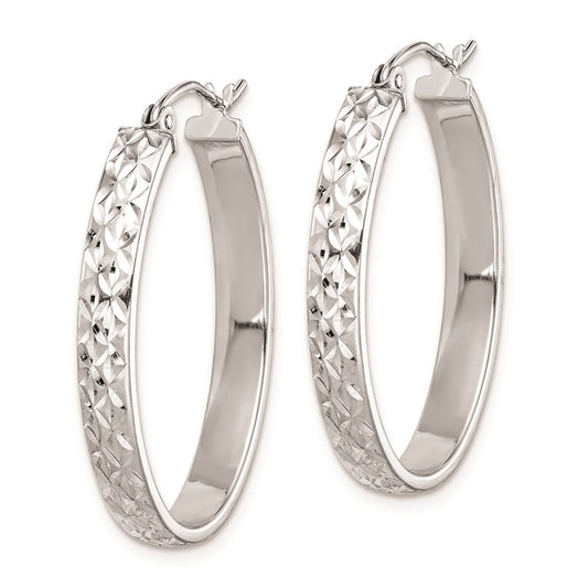 Sterling Silver Rhodium-plated Diamond-cut 4mm Oval Hoop Earrings