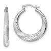Sterling Silver RH-plated Brushed & D/C Scalloped Round Hoop Earrings