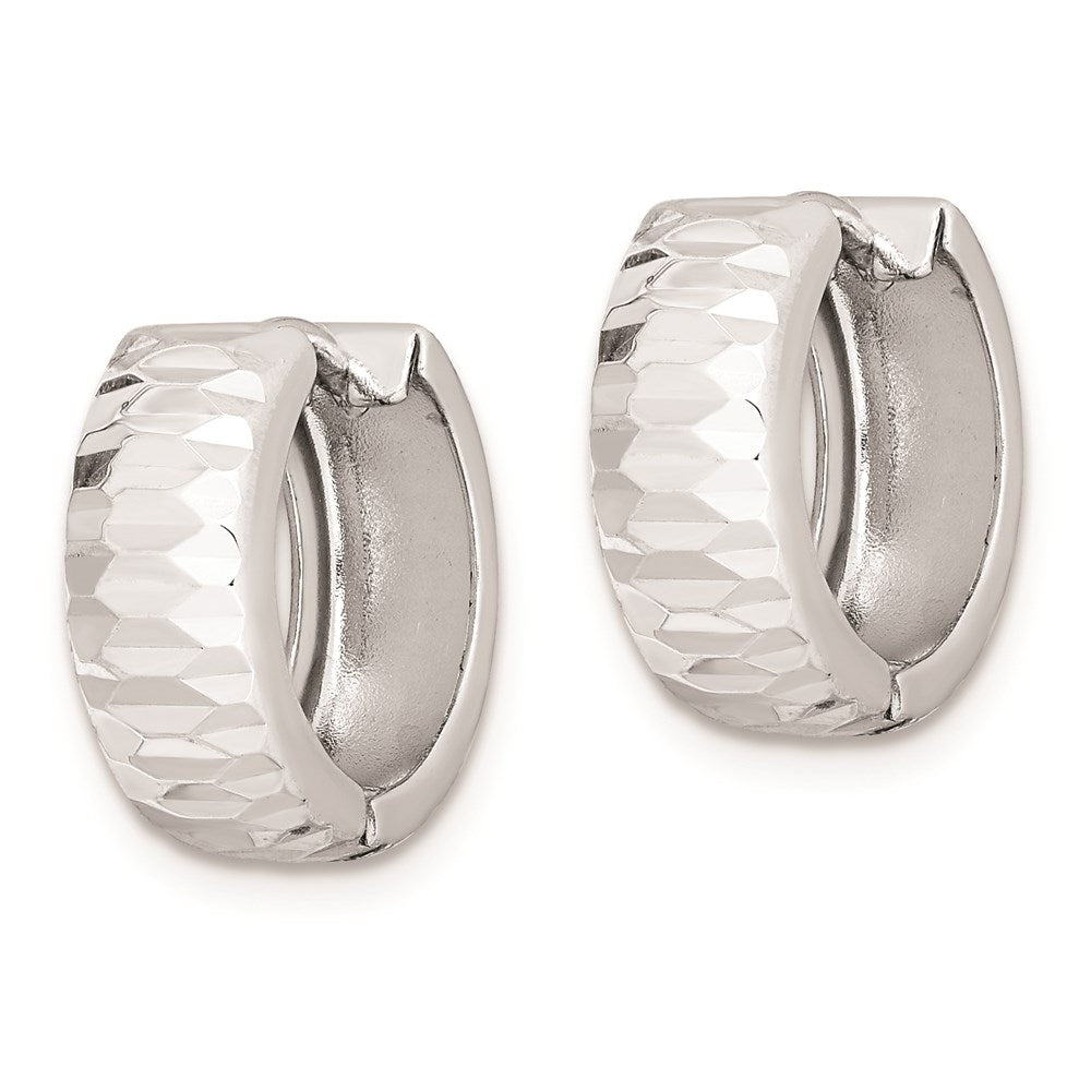 Sterling Silver Rhodium Polished Diamond-cut Hinged Hoop Earrings