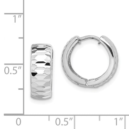 Sterling Silver Rhodium Polished Diamond-cut Hinged Hoop Earrings