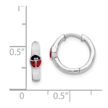 Sterling Silver RH-plated Enameled Ladybug Hinged Hoop Earrings