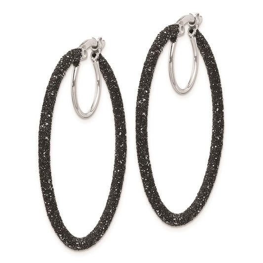 Sterling Silver Rhodium-plated Black Glitter Enamel 2x35mm Hoop Earrings