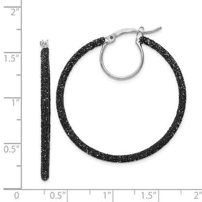 Sterling Silver Rhodium-plated Black Glitter Enamel 2x35mm Hoop Earrings