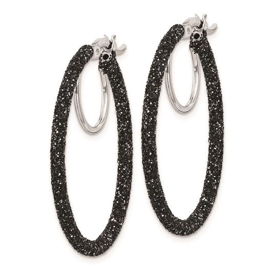 Sterling Silver Rhodium-plated Black Glitter Enamel 2x30mm Hoop Earrings