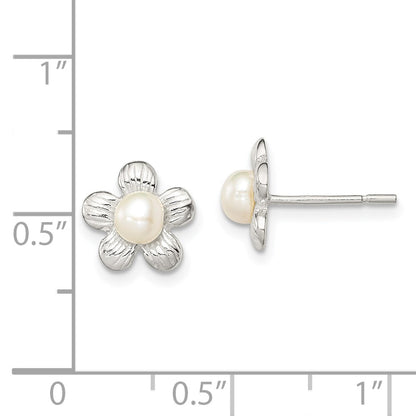 Sterling Silver Polished & Textured Sim. Pearl Flower Post Earrings
