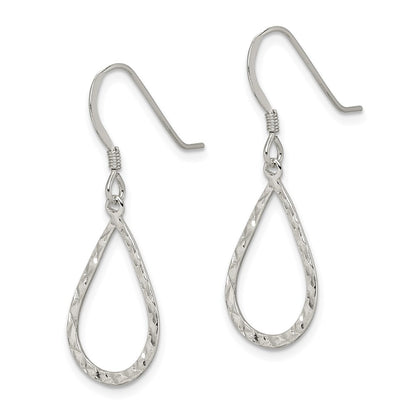 Sterling Silver Polished & D/C Teardrop Dangle Shepherd Hook Earrings
