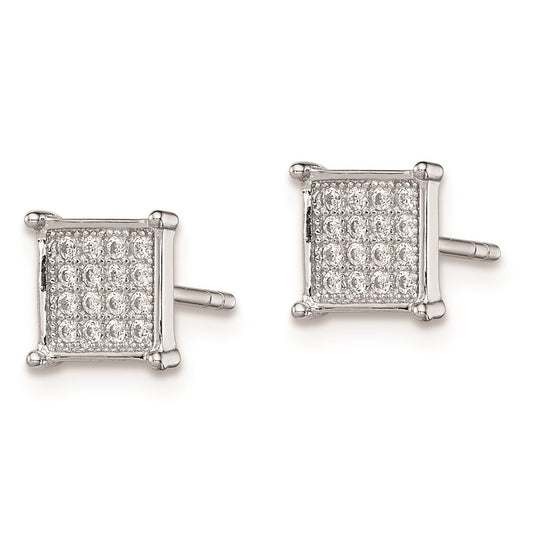 Sterling Silver Rhodium-plated Polished Pav CZ Square Post Earrings