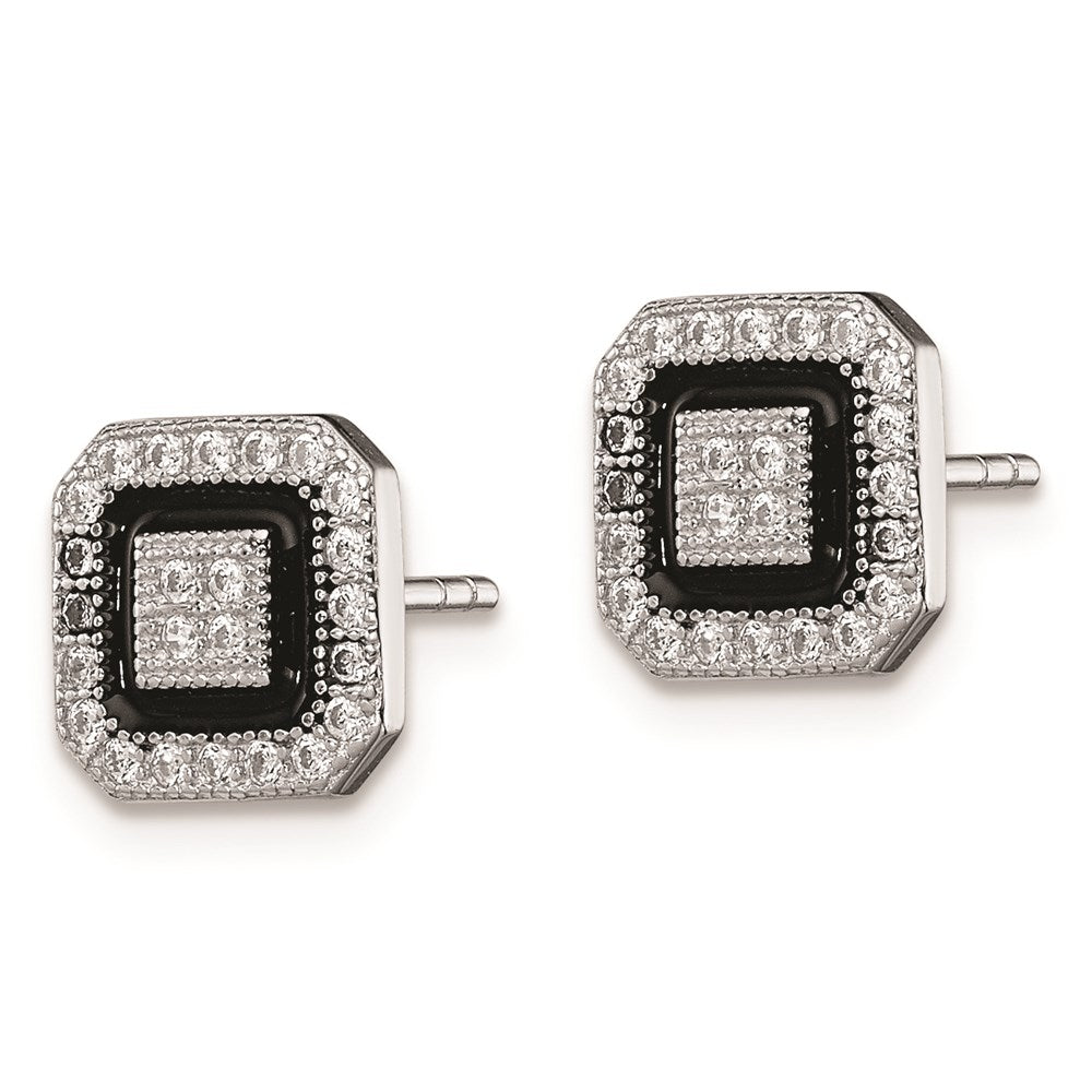Sterling Silver RH-plated Black Enamel & Pav CZ Square Halo Post Earrings
