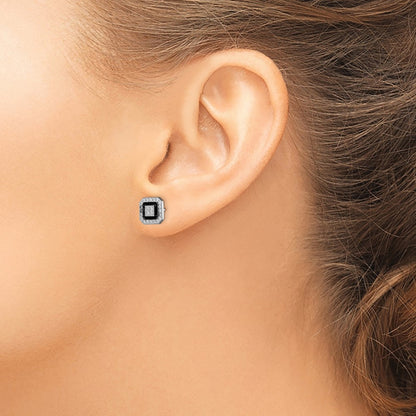 Sterling Silver RH-plated Black Enamel & Pav CZ Square Halo Post Earrings