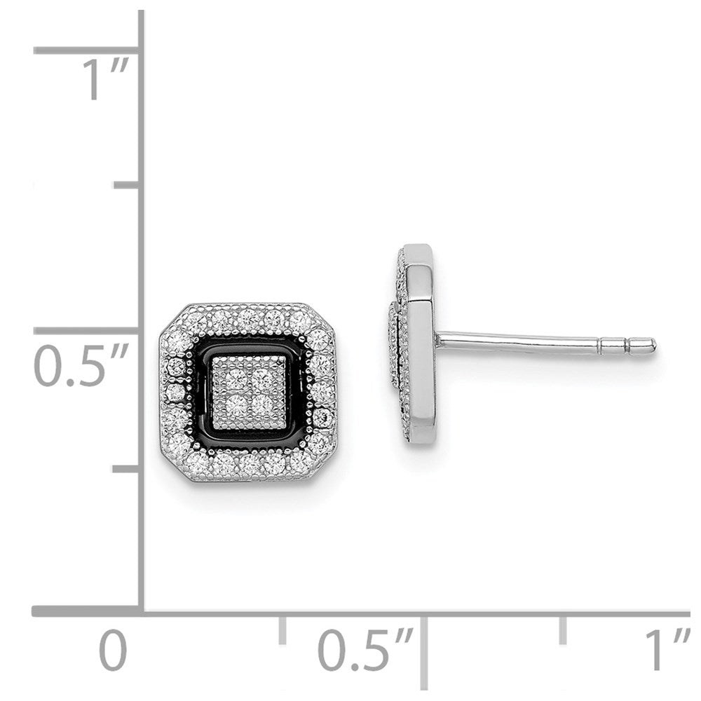 Sterling Silver RH-plated Black Enamel & Pav CZ Square Halo Post Earrings