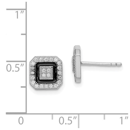 Sterling Silver RH-plated Black Enamel & Pav CZ Square Halo Post Earrings