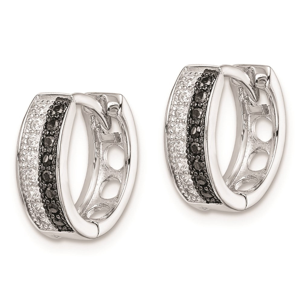 Sterling Silver RH-plated Black & White CZ Hinged Round Hoop Earrings