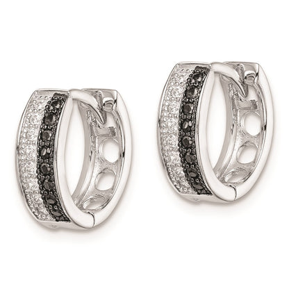 Sterling Silver RH-plated Black & White CZ Hinged Round Hoop Earrings