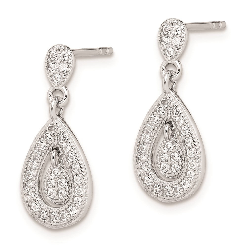 Sterling Silver Rhodium-plated CZ Pav Pear Dangle Post Earrings