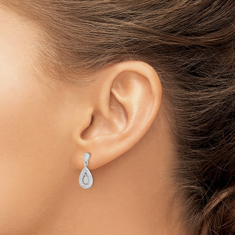 Sterling Silver Rhodium-plated CZ Pav Pear Dangle Post Earrings
