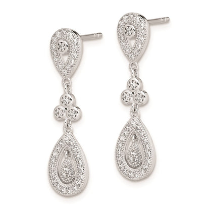 Sterling Silver Rhodium-plated CZ Pav Pear Dangle Post Earrings