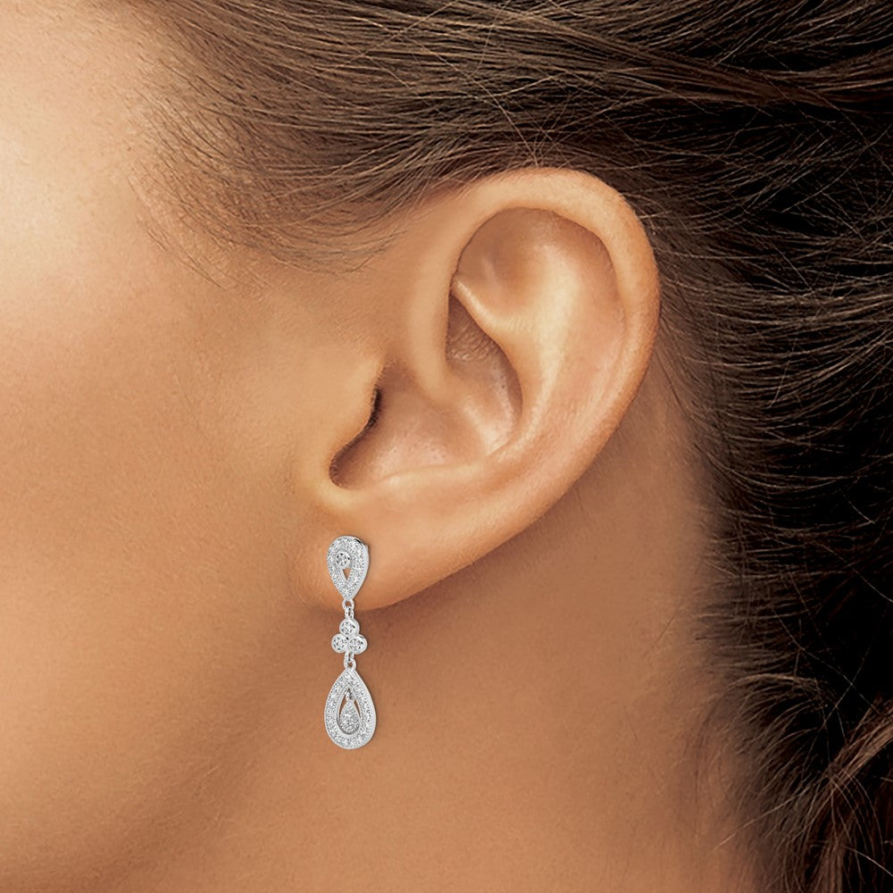Sterling Silver Rhodium-plated CZ Pav Pear Dangle Post Earrings