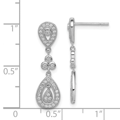 Sterling Silver Rhodium-plated CZ Pav Pear Dangle Post Earrings