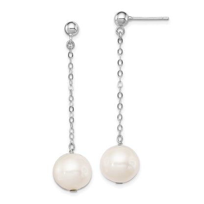 Sterling Silver Rhodium-plated 10-11mm White Round Freshwater Cultured Pearl Dangle Post Earrings