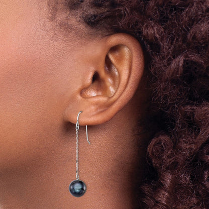 Sterling Silver Rhodium-plated 9-10mm Black Round Freshwater Cultured Pearl Dangle Earrings