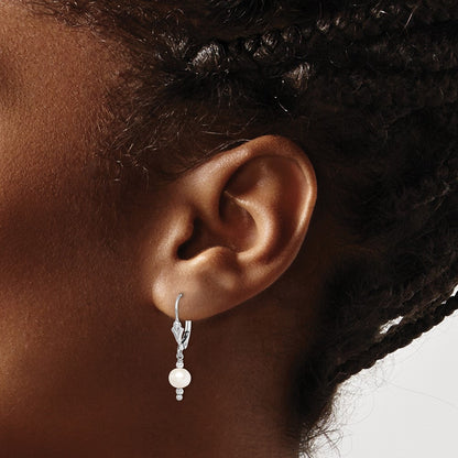 Sterling Silver Rhodium-plated 6-7mm White Semi-Round Freshwater Cultured Pearl Leverback Dangle Earrings
