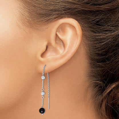 Sterling Silver RH-plated Polished & Beaded Black Onyx Threader Earrings