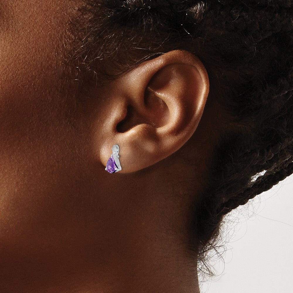 Sterling Silver Rhodium Plated Diamond and Amethyst Post Earrings