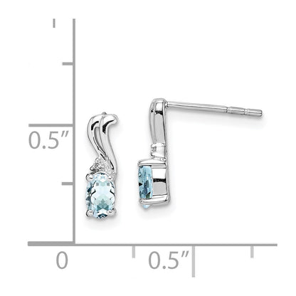 Sterling Silver Rhodium Plated Dia. & Aquamarine Oval Post Earrings