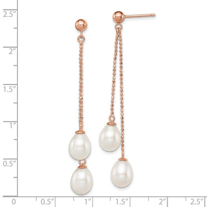 Sterling Silver Rose-tone 7-8mm White Rice Freshwater Cultured Pearl Post Dangle Earrings