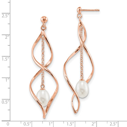 Sterling Silver Rose-tone 7-8mm White Rice Freshwater Cultured Pearl Post Dangle Earrings