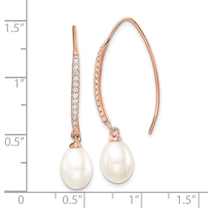 Sterling Silver Rose-tone 7-8mm White Teardrop Freshwater Cultured Pearl and CZ Threader Earrings