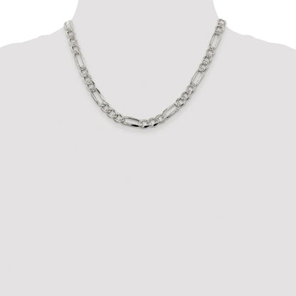 Sterling Silver Rhodium-plated 7.25mm Pav Flat Figaro Chain