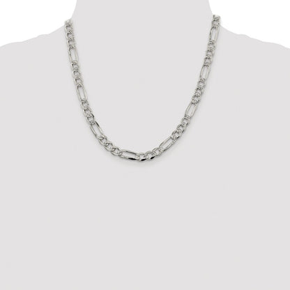 Sterling Silver Rhodium-plated 7.25mm Pav Flat Figaro Chain