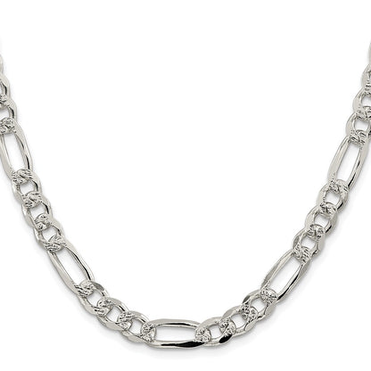 Sterling Silver Rhodium-plated 8mm Pave Flat Figaro Chain