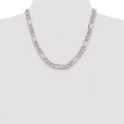 Sterling Silver Rhodium-plated 9.5mm Pav Flat Figaro Chain