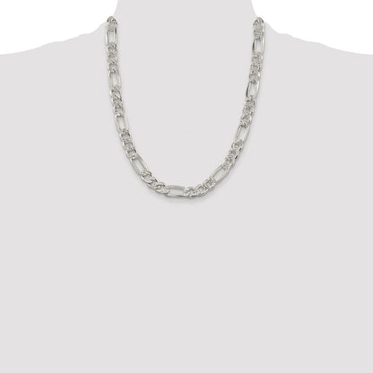 Sterling Silver Rhodium-plated 9.5mm Pav Flat Figaro Chain