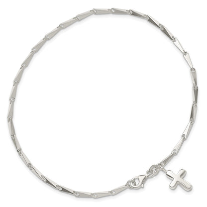Sterling Silver 10 in Solid Polished Cross on Fancy Link Anklet