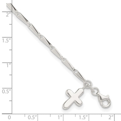 Sterling Silver 9 in Solid Polished Cross on Fancy Link Anklet