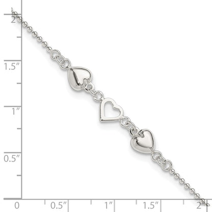 Sterling Silver Heart 9 inch Plus 1 inch Extender - Total 10 inch Anklet