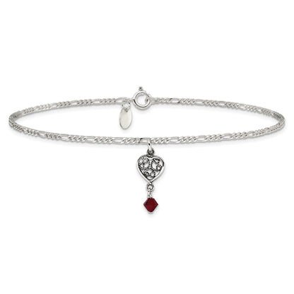 Sterling Silver Dark Pink Crystal Dangling Antiqued Heart 10 inch Anklet