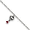 Sterling Silver Dark Pink Crystal Dangling Antiqued Heart 9 inch Anklet