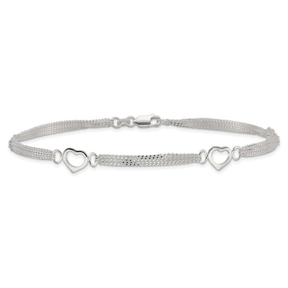 Sterling Silver Polished Heart Multi-Strand 9in Anklet