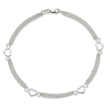 Sterling Silver Polished Heart Multi-Strand 9in Anklet