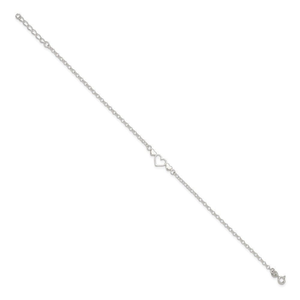 Sterling Silver Three Hearts  9 inch Plus 1 inch Extender - Total 10 inch Anklet