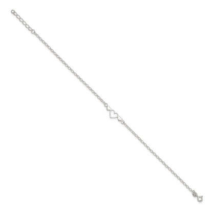 Sterling Silver Three Hearts  9 inch Plus 1 inch Extender - Total 10 inch Anklet